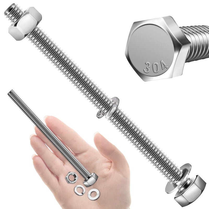 MYWISH (10 Sets) 1/4-20x4 Hex Head Assorted Screws Nuts and Bolts with Flat & Lock Washers, 304 Stainless Steel 18-8, Fully Threaded, 1/4 Bolt Metric Bolt Assortment - Image 1